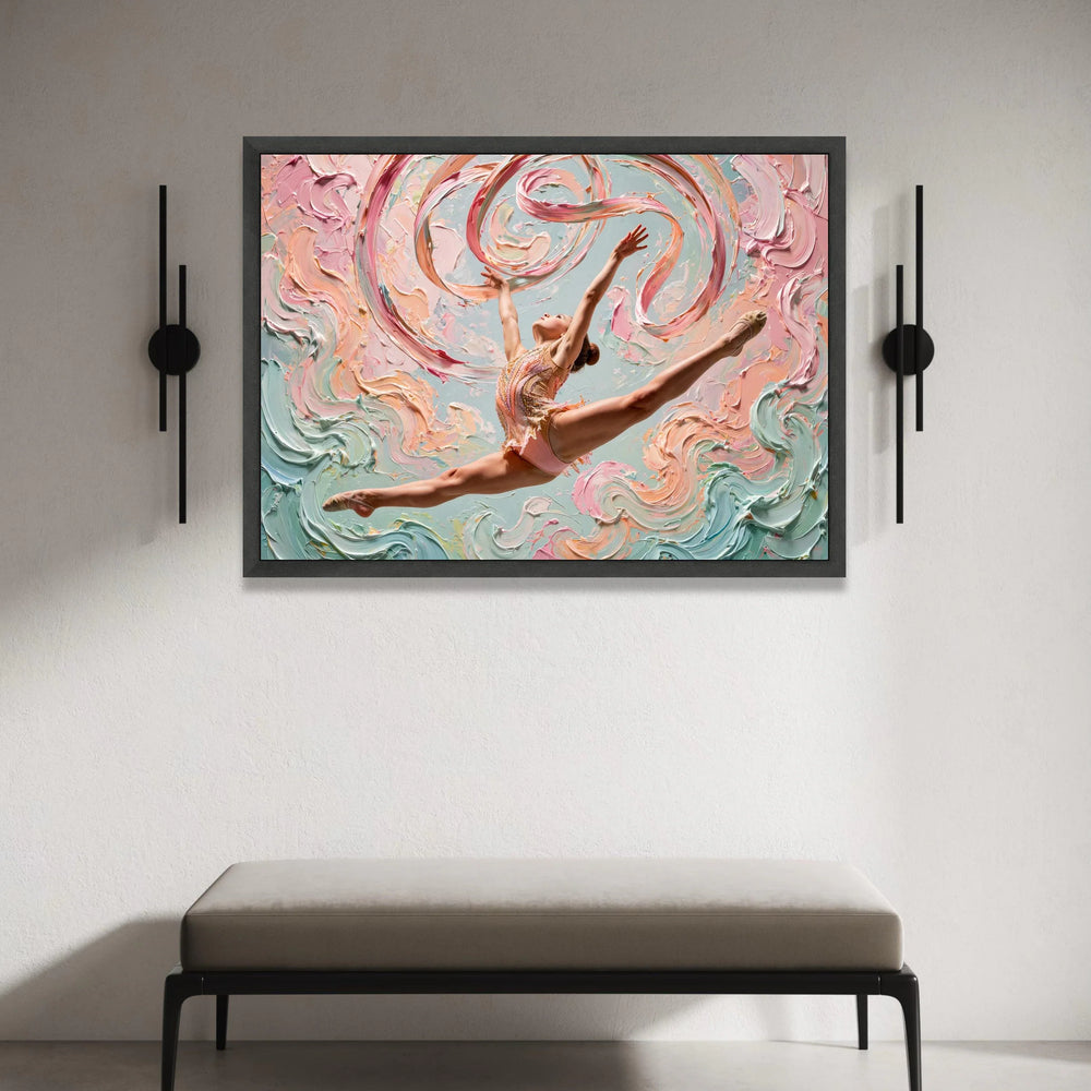 Graceful Ballerina Leap Canvas, Abstract Swirls Background, Dance Movement Wall Art, Pastel Colors Canvas, Modern Art Home Canvas Print Art