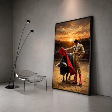Bullfighter with Red Cape, Sunset Arena Canvas, Spanish Matador Wall Art, Dramatic Animal Scene, Vibrant Home Decor Canvas Canvas Print Art