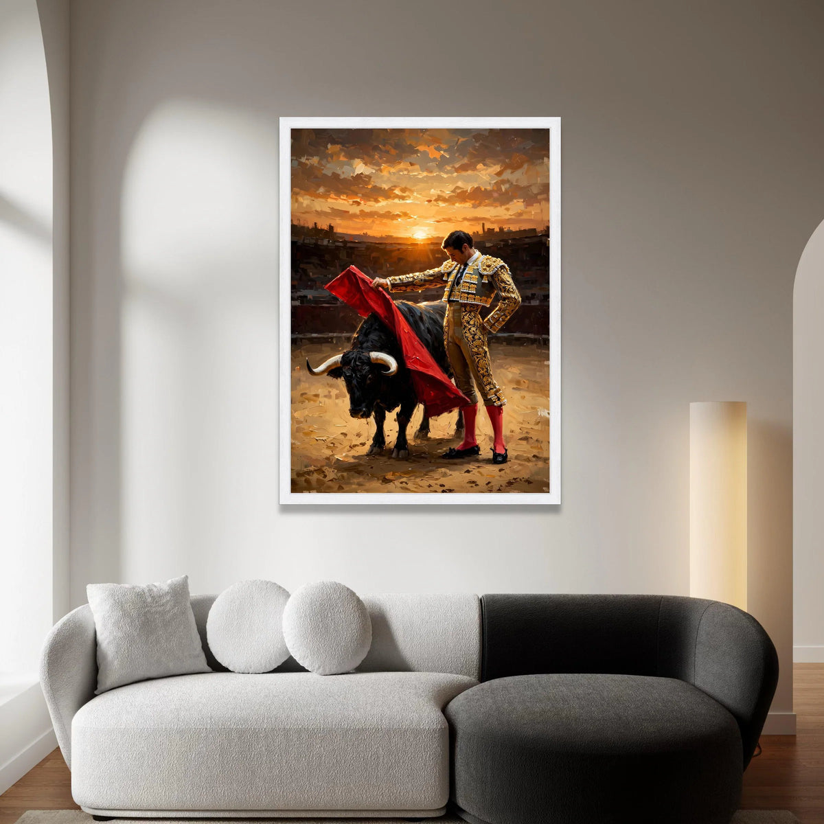 Bullfighter with Red Cape, Sunset Arena Canvas, Spanish Matador Wall Art, Dramatic Animal Scene, Vibrant Home Decor Canvas Canvas Print Art
