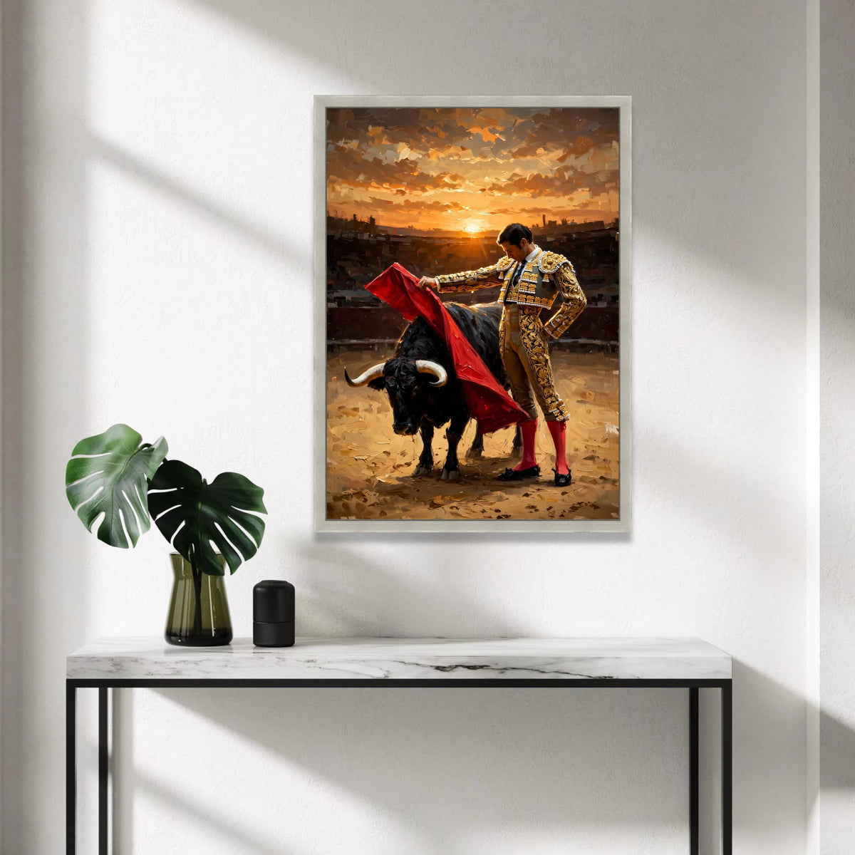 Bullfighter with Red Cape, Sunset Arena Canvas, Spanish Matador Wall Art, Dramatic Animal Scene, Vibrant Home Decor Canvas Canvas Print Art