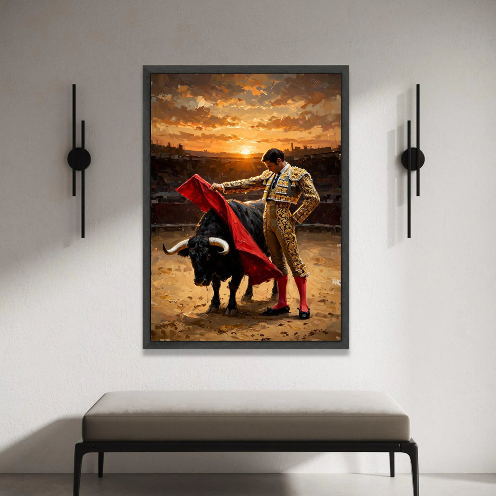 Bullfighter with Red Cape, Sunset Arena Canvas, Spanish Matador Wall Art, Dramatic Animal Scene, Vibrant Home Decor Canvas Canvas Print Art