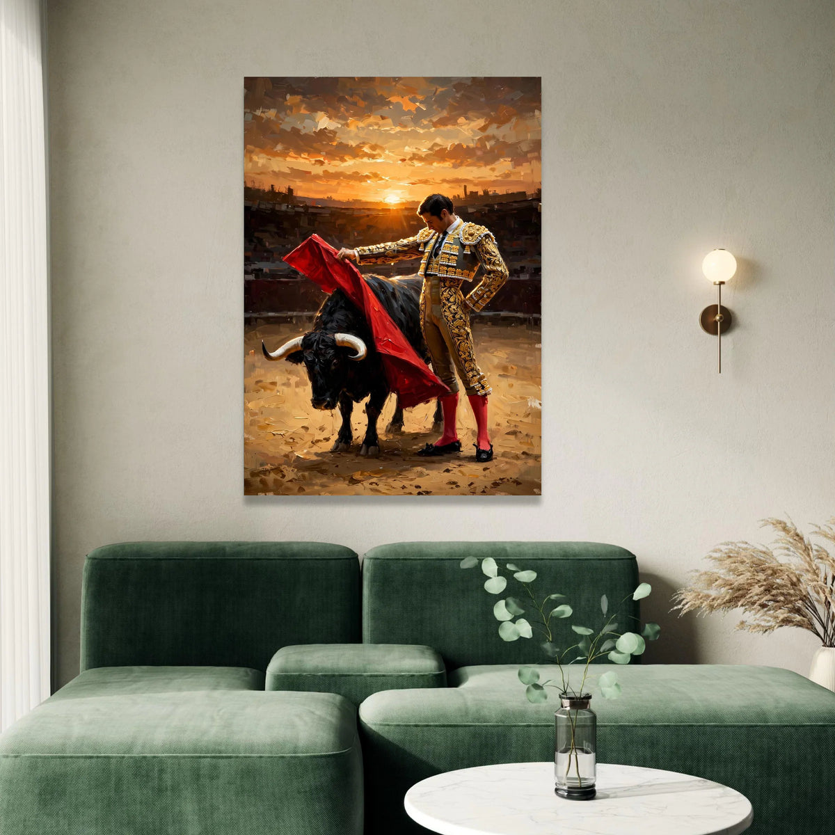 Bullfighter with Red Cape, Sunset Arena Canvas, Spanish Matador Wall Art, Dramatic Animal Scene, Vibrant Home Decor Canvas Canvas Print Art