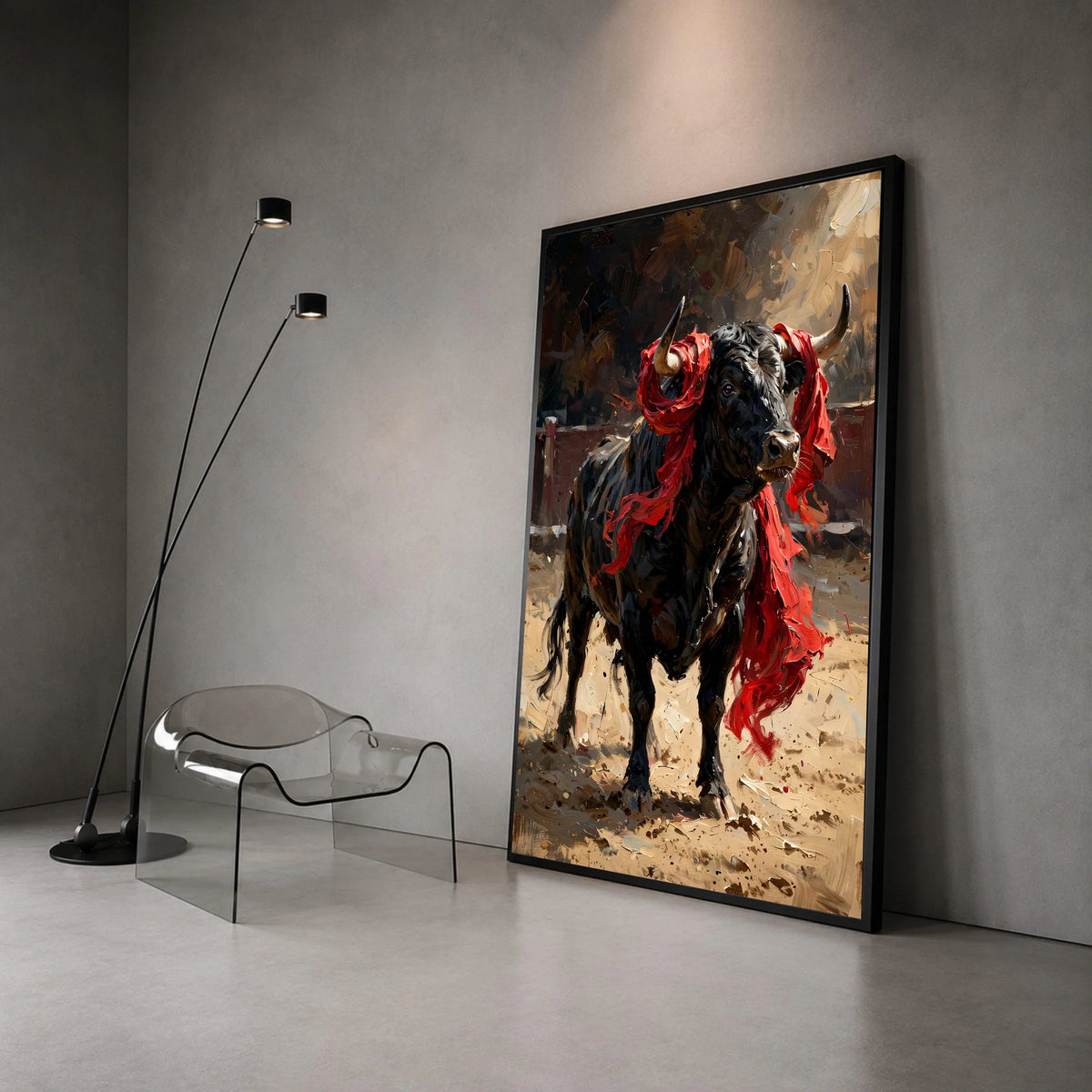 Majestic Black Bull with Red Cloth Canvas, Powerful Animal Wall Art, Dynamic Farmhouse Decor, Rustic Canvas Painting, Bold Canvas Print Art