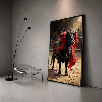 Majestic Black Bull with Red Cloth Canvas, Powerful Animal Wall Art, Dynamic Farmhouse Decor, Rustic Canvas Painting, Bold Canvas Print Art