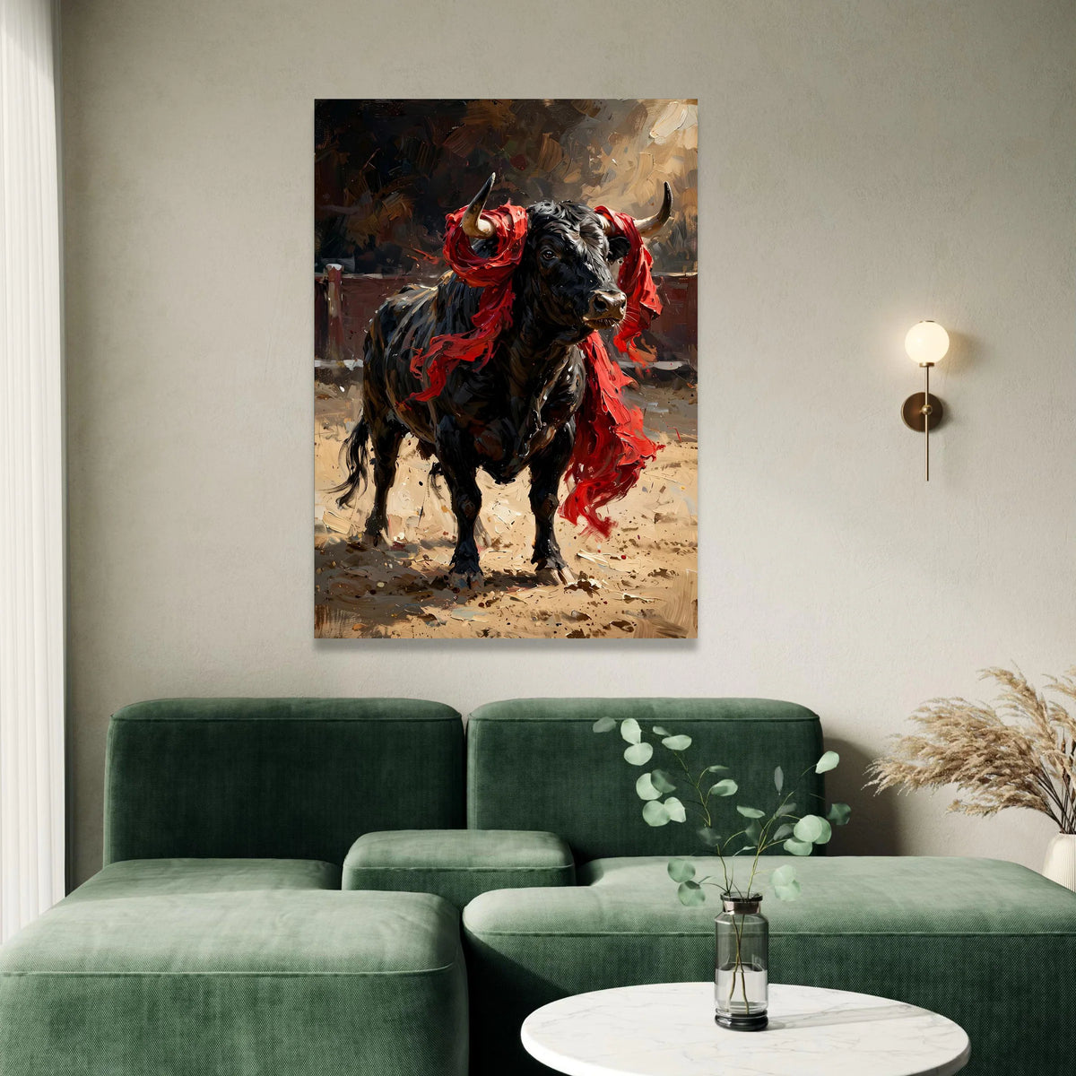 Majestic Black Bull with Red Cloth Canvas, Powerful Animal Wall Art, Dynamic Farmhouse Decor, Rustic Canvas Painting, Bold Canvas Print Art
