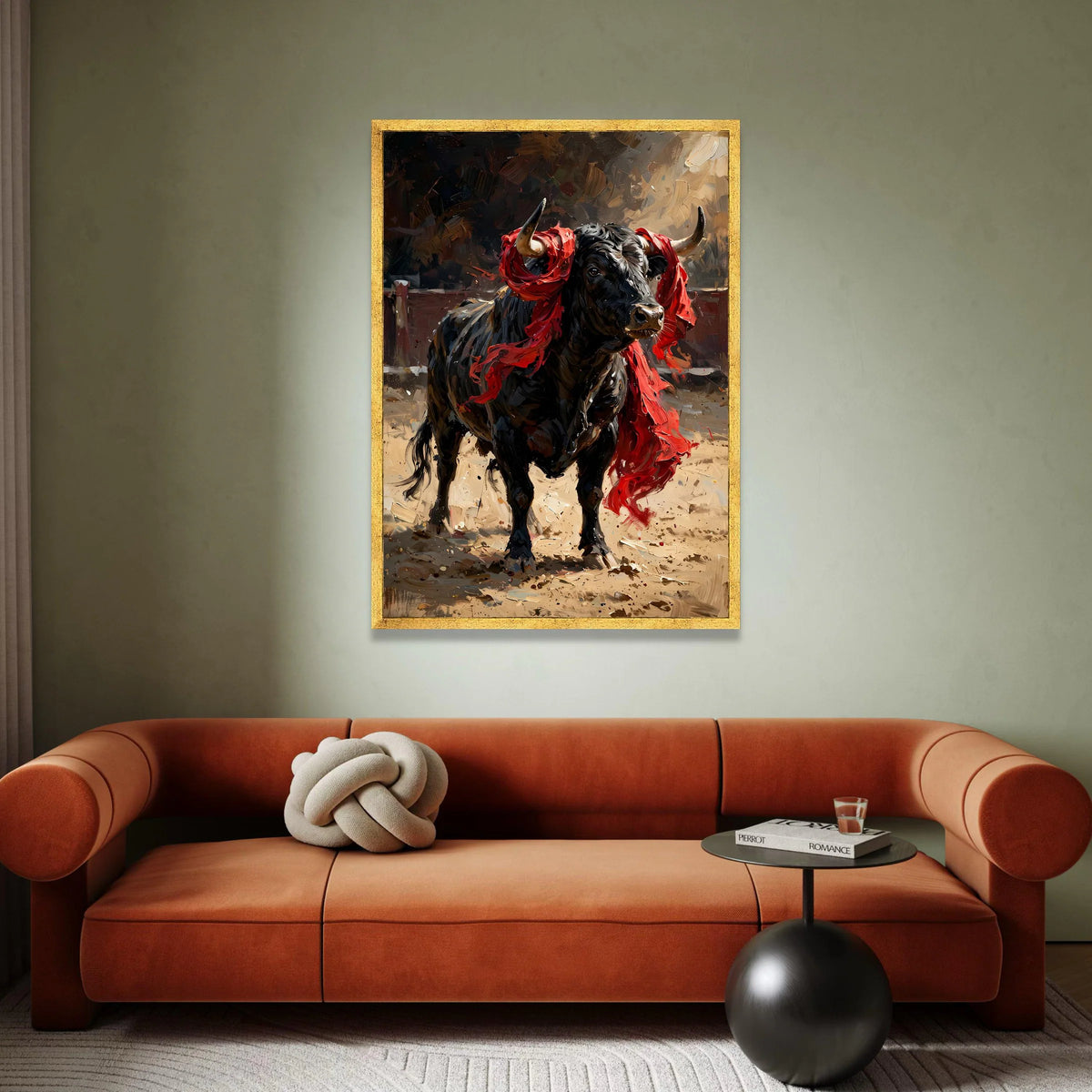 Majestic Black Bull with Red Cloth Canvas, Powerful Animal Wall Art, Dynamic Farmhouse Decor, Rustic Canvas Painting, Bold Canvas Print Art
