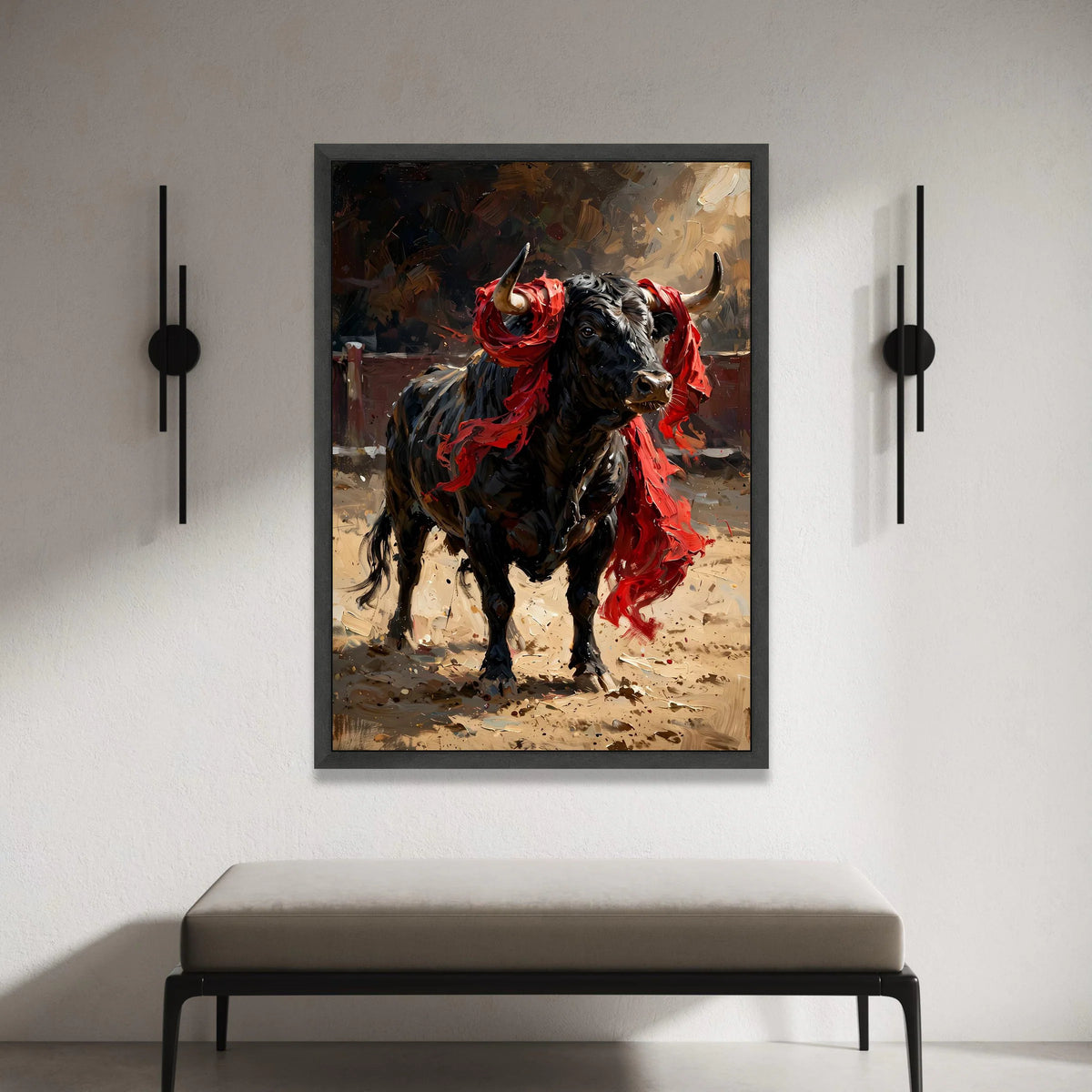 Majestic Black Bull with Red Cloth Canvas, Powerful Animal Wall Art, Dynamic Farmhouse Decor, Rustic Canvas Painting, Bold Canvas Print Art
