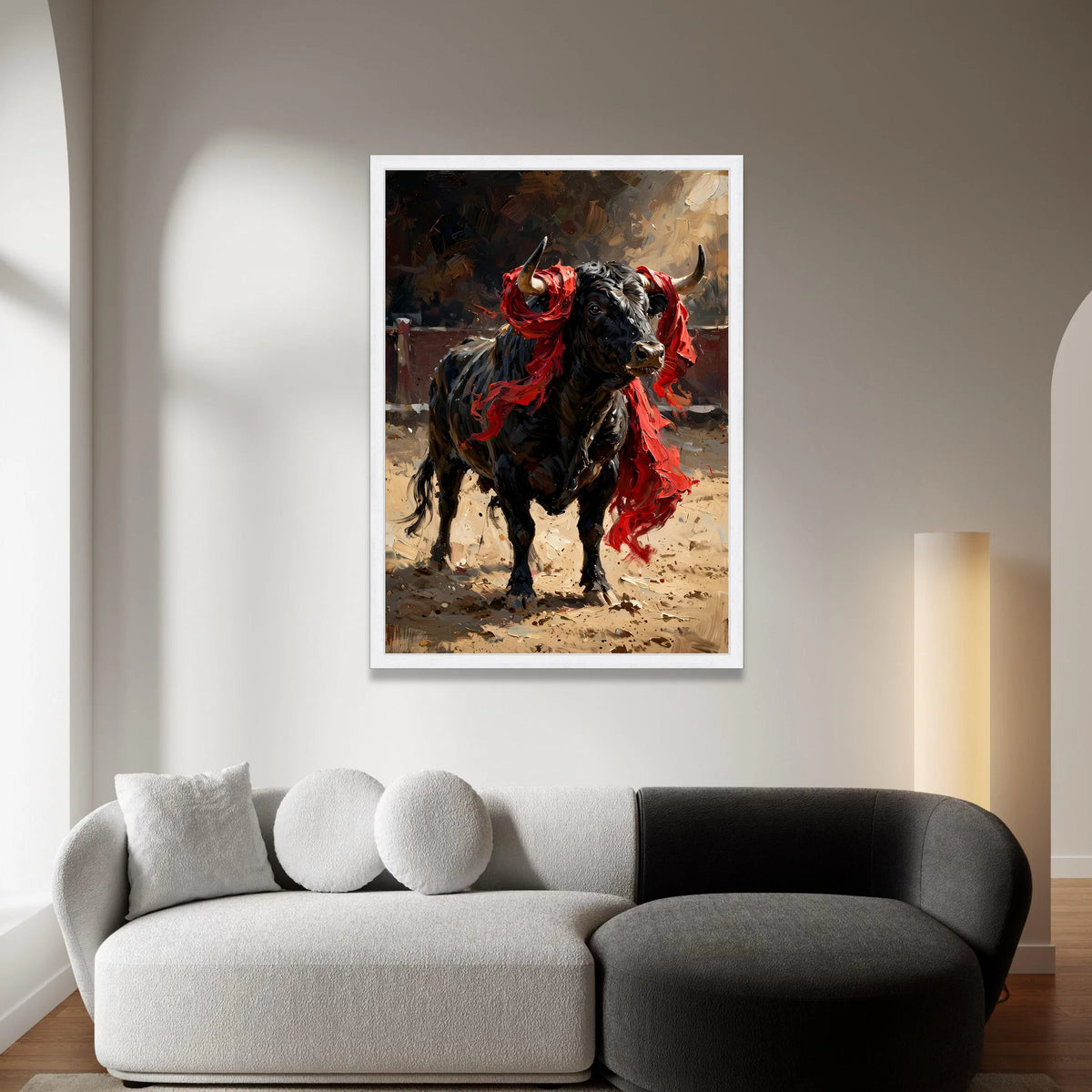 Majestic Black Bull with Red Cloth Canvas, Powerful Animal Wall Art, Dynamic Farmhouse Decor, Rustic Canvas Painting, Bold Canvas Print Art