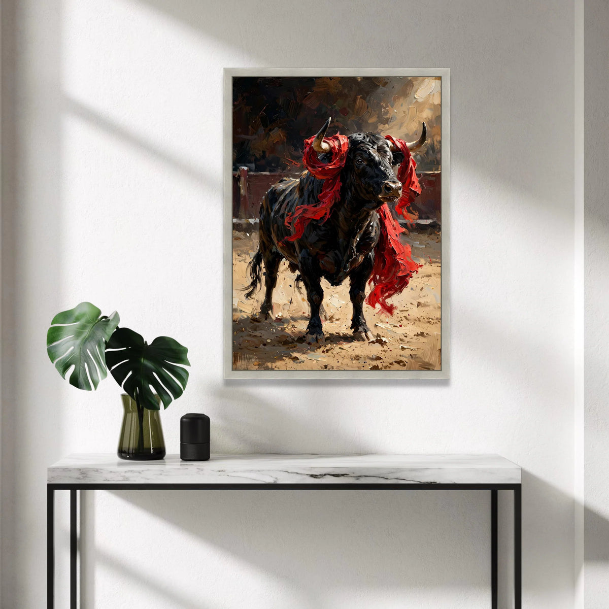 Majestic Black Bull with Red Cloth Canvas, Powerful Animal Wall Art, Dynamic Farmhouse Decor, Rustic Canvas Painting, Bold Canvas Print Art