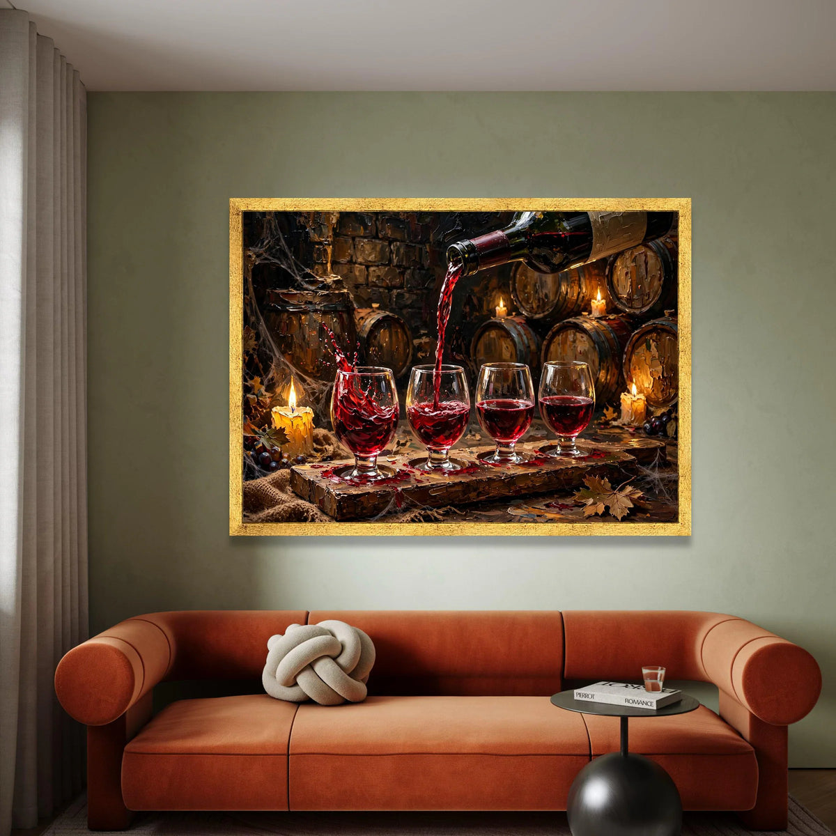Vintage Wine Pouring Scene, Red Wine Glasses Canvas, Rustic Wine Barrel Art, Cozy Candlelit Cellar Wall Art, Home Bar Canvas Print Art