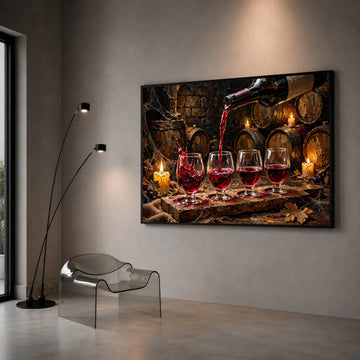 Vintage Wine Pouring Scene, Red Wine Glasses Canvas, Rustic Wine Barrel Art, Cozy Candlelit Cellar Wall Art, Home Bar Canvas Print Art