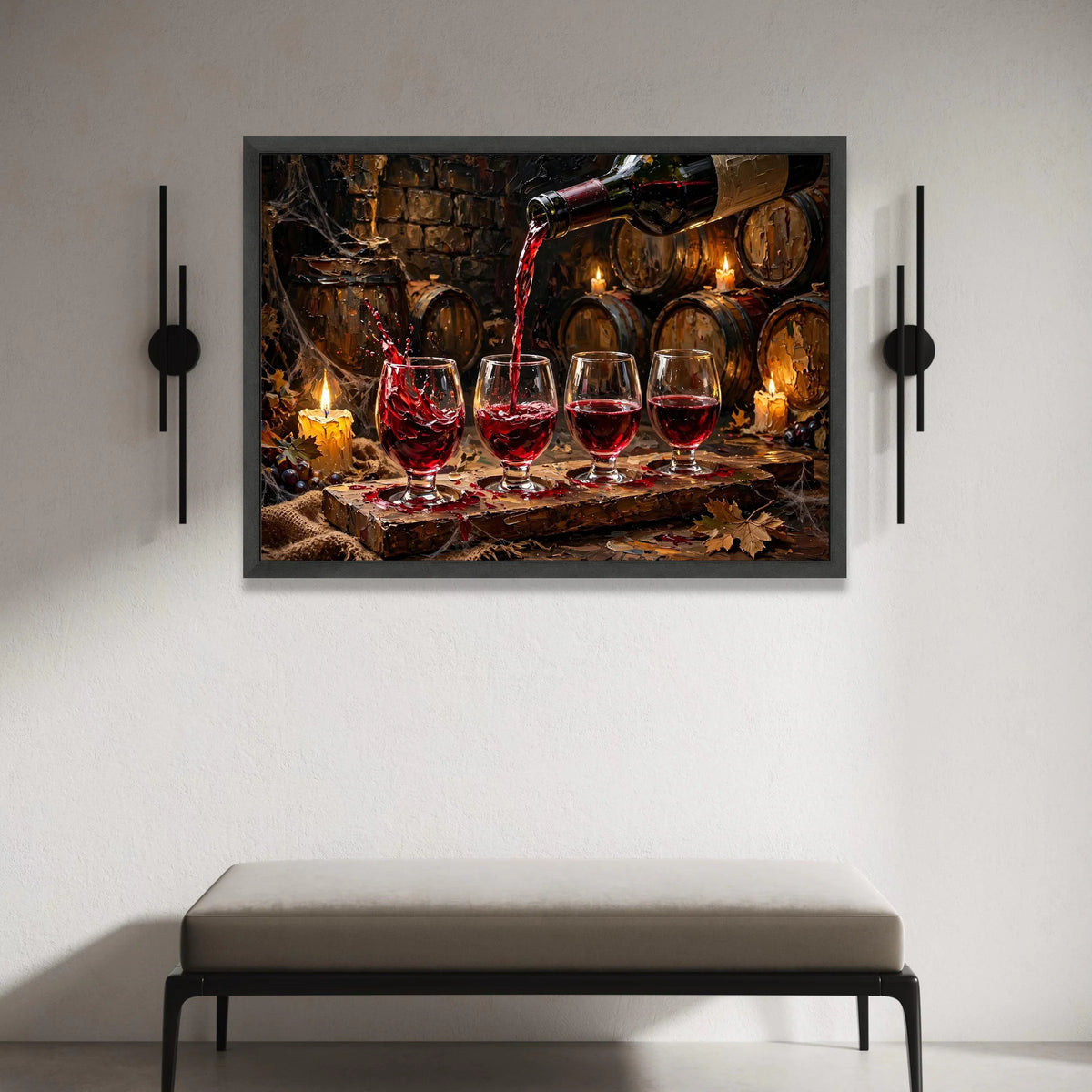 Vintage Wine Pouring Scene, Red Wine Glasses Canvas, Rustic Wine Barrel Art, Cozy Candlelit Cellar Wall Art, Home Bar Canvas Print Art