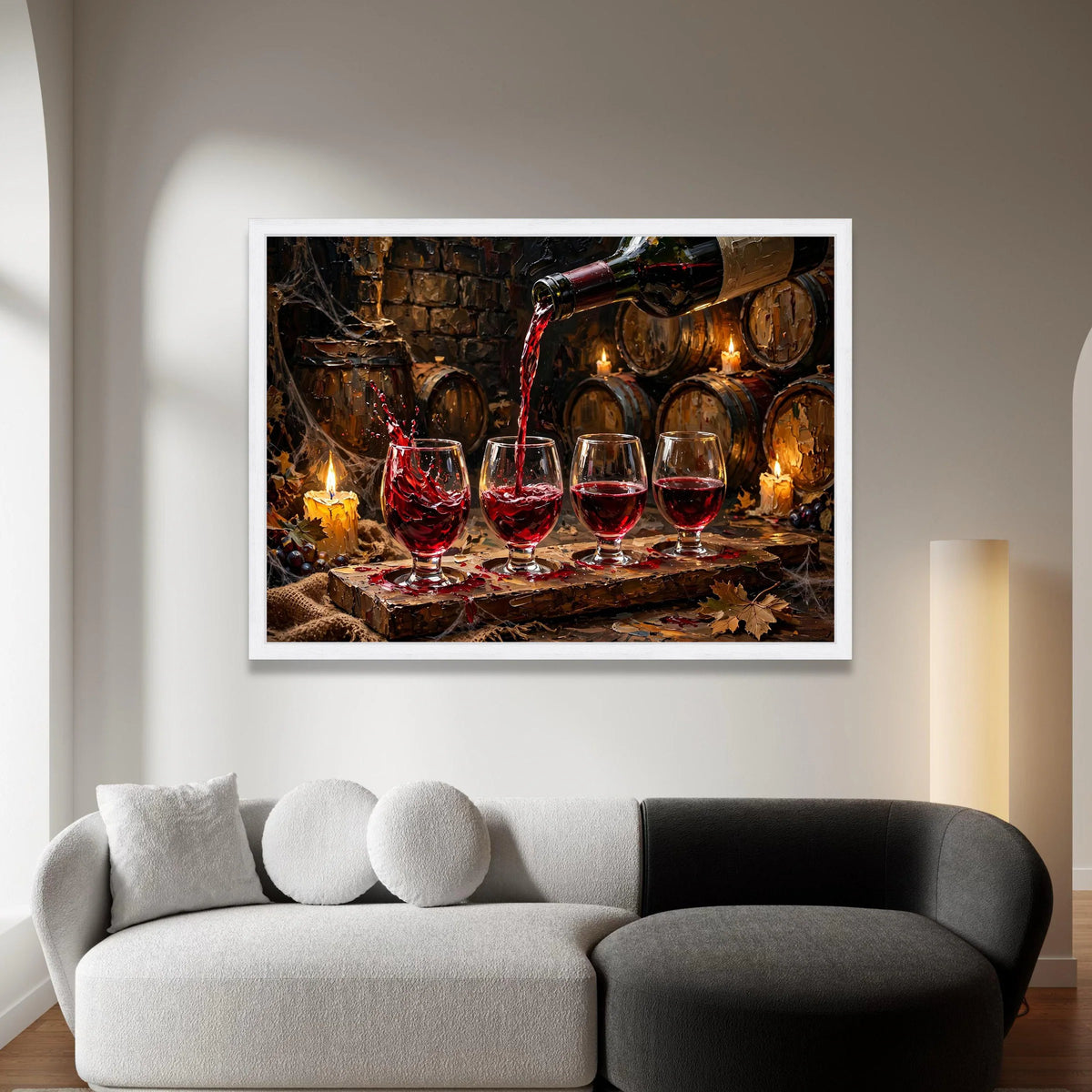 Vintage Wine Pouring Scene, Red Wine Glasses Canvas, Rustic Wine Barrel Art, Cozy Candlelit Cellar Wall Art, Home Bar Canvas Print Art