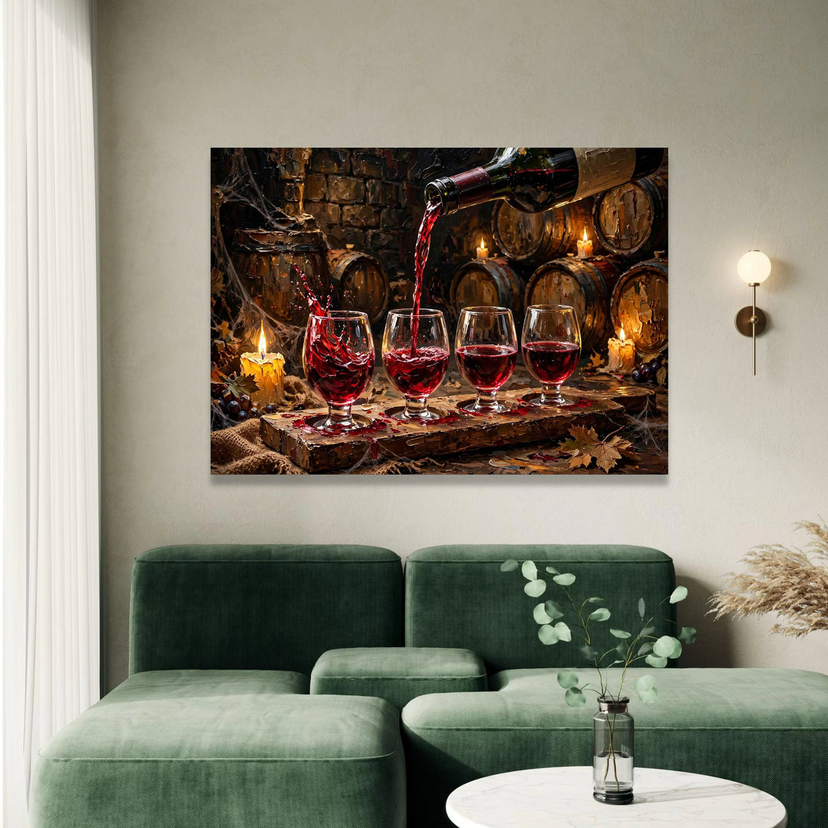 Vintage Wine Pouring Scene, Red Wine Glasses Canvas, Rustic Wine Barrel Art, Cozy Candlelit Cellar Wall Art, Home Bar Canvas Print Art