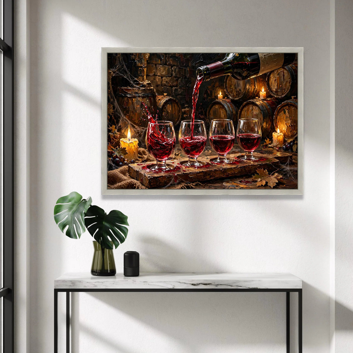 Vintage Wine Pouring Scene, Red Wine Glasses Canvas, Rustic Wine Barrel Art, Cozy Candlelit Cellar Wall Art, Home Bar Canvas Print Art