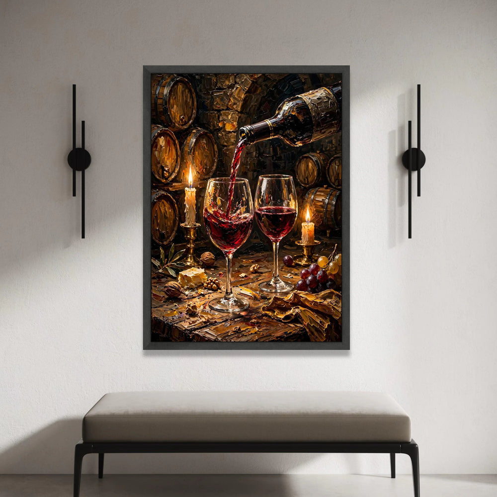 Red Wine Pouring Scene, Vineyard Barrel Canvas Wall Art, Candlelit Wine Glasses, Rustic Wine Cellar Decor, Gourmet Dining Canvas Print Art