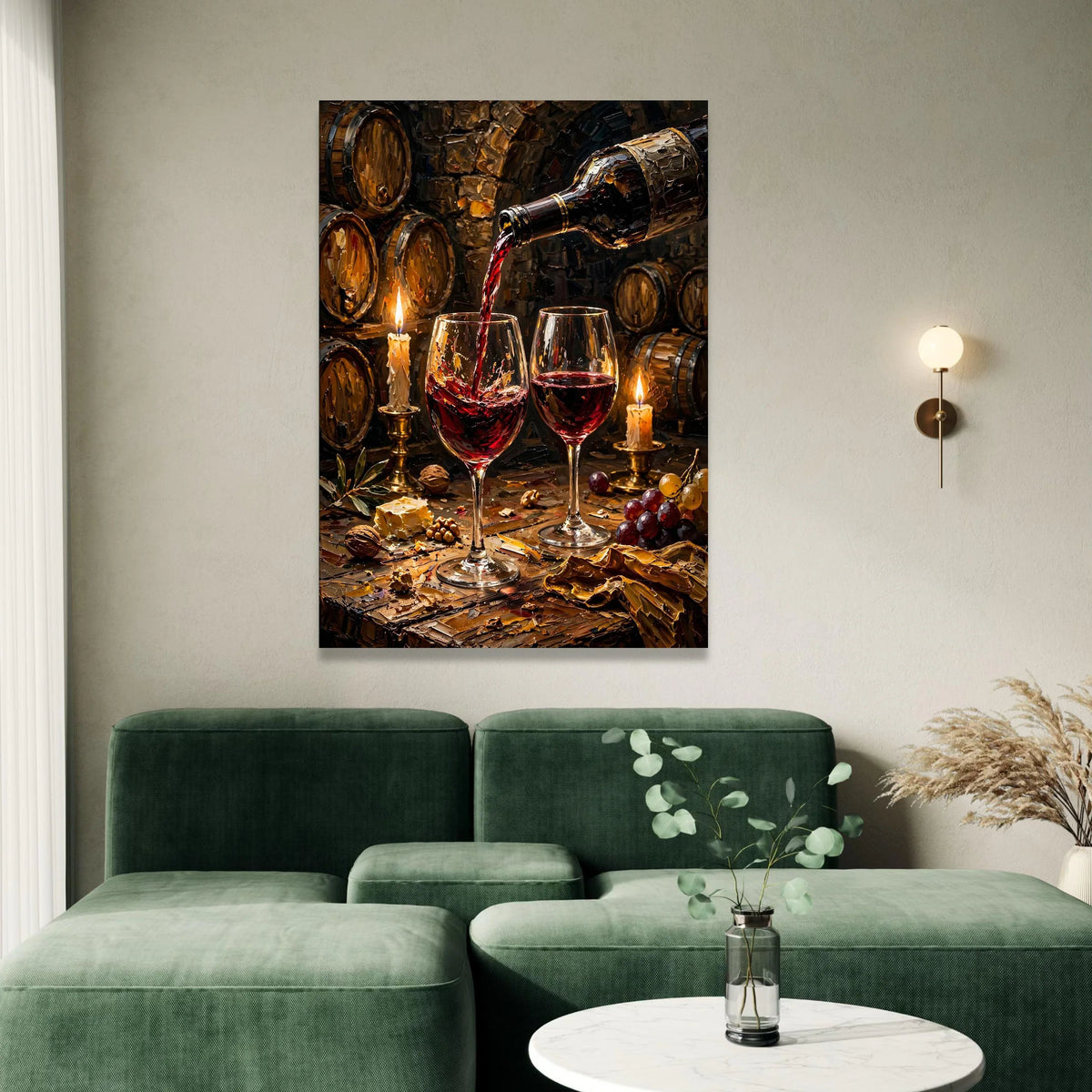Red Wine Pouring Scene, Vineyard Barrel Canvas Wall Art, Candlelit Wine Glasses, Rustic Wine Cellar Decor, Gourmet Dining Canvas Print Art