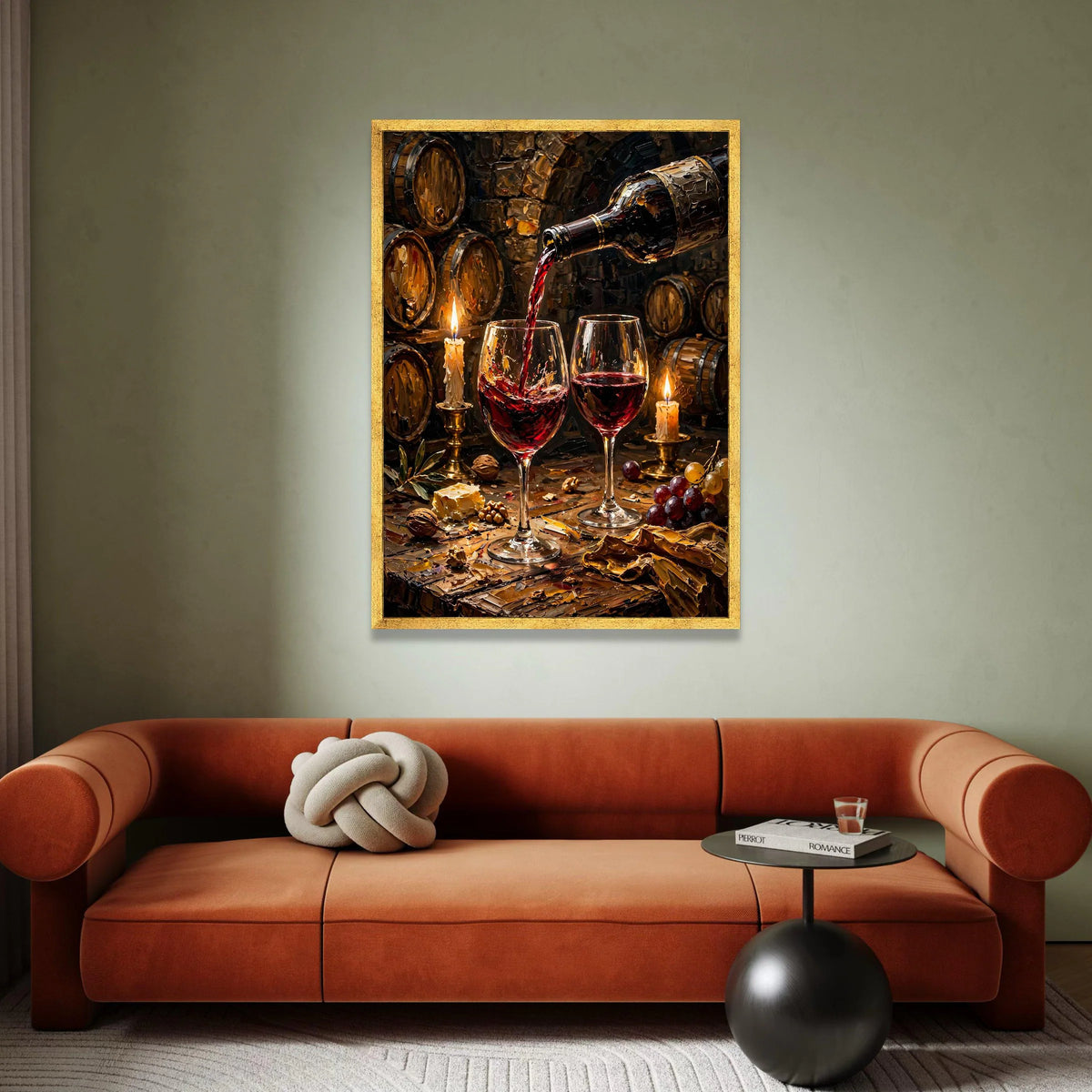 Red Wine Pouring Scene, Vineyard Barrel Canvas Wall Art, Candlelit Wine Glasses, Rustic Wine Cellar Decor, Gourmet Dining Canvas Print Art