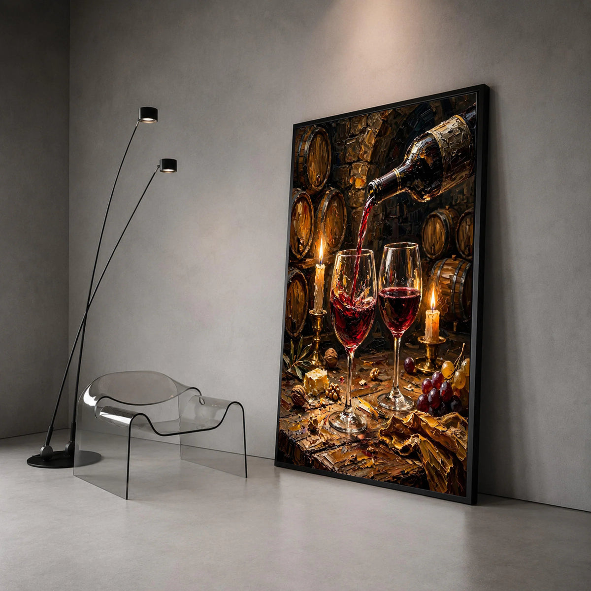Red Wine Pouring Scene, Vineyard Barrel Canvas Wall Art, Candlelit Wine Glasses, Rustic Wine Cellar Decor, Gourmet Dining Canvas Print Art