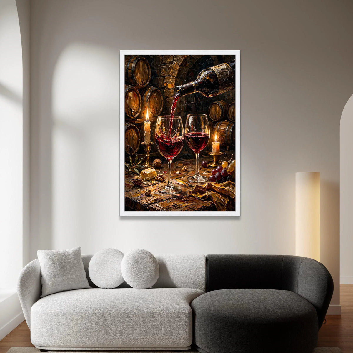 Red Wine Pouring Scene, Vineyard Barrel Canvas Wall Art, Candlelit Wine Glasses, Rustic Wine Cellar Decor, Gourmet Dining Canvas Print Art