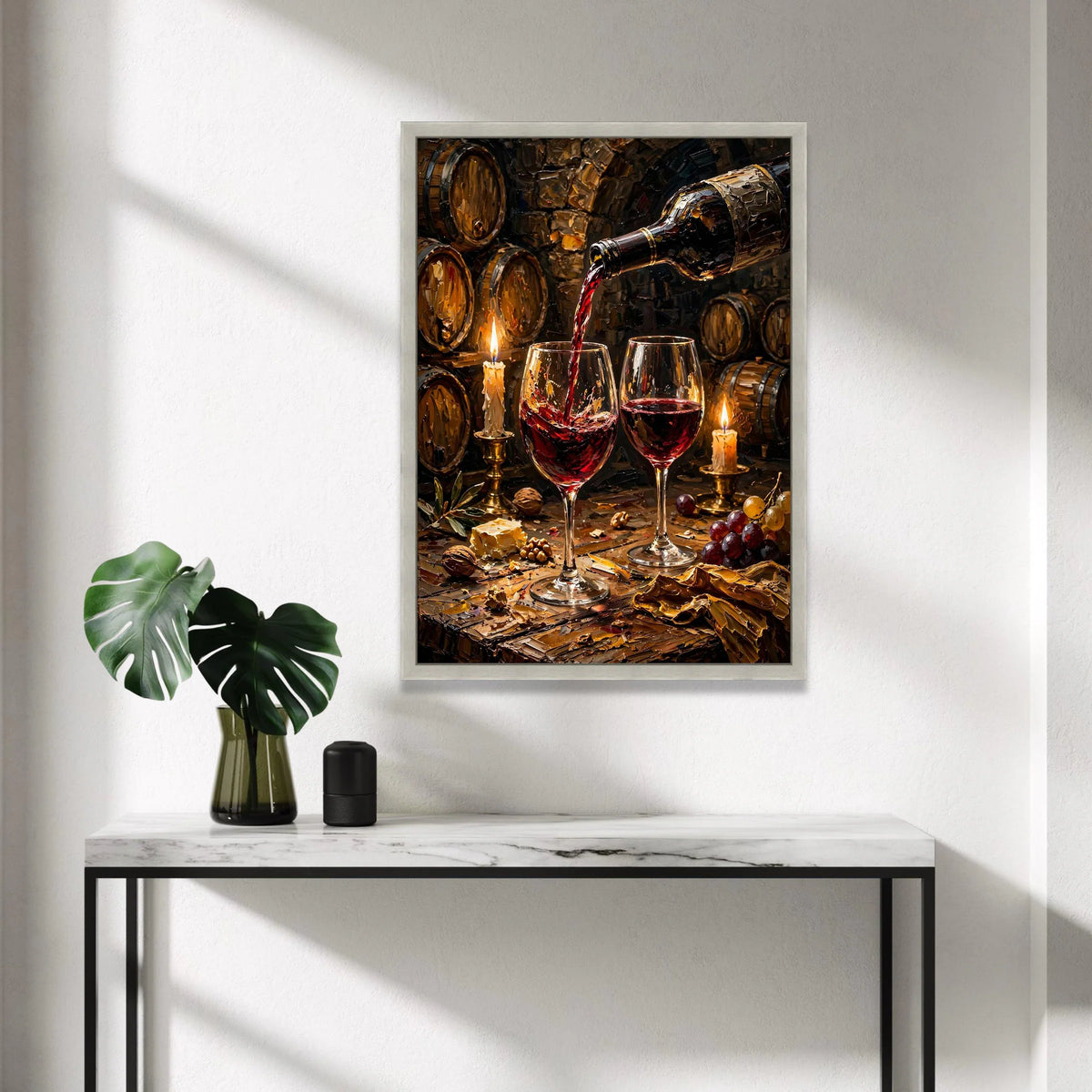 Red Wine Pouring Scene, Vineyard Barrel Canvas Wall Art, Candlelit Wine Glasses, Rustic Wine Cellar Decor, Gourmet Dining Canvas Print Art