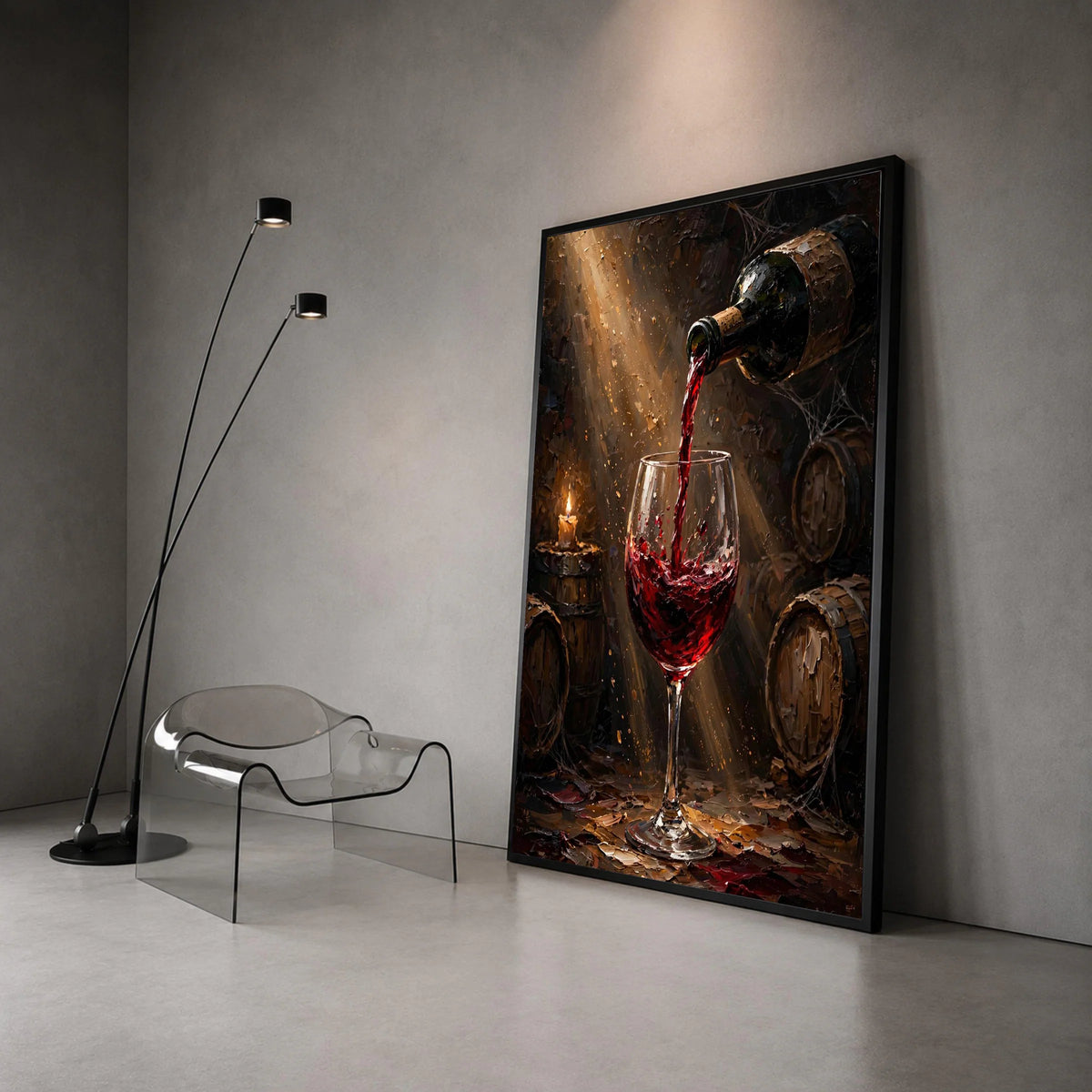 Pouring Red Wine Canvas, Wine Glass Art, Rustic Cellar Scene, Bar Wall Decor, Wine Barrel Painting, Home Bar Canvas Wall Canvas Print Art