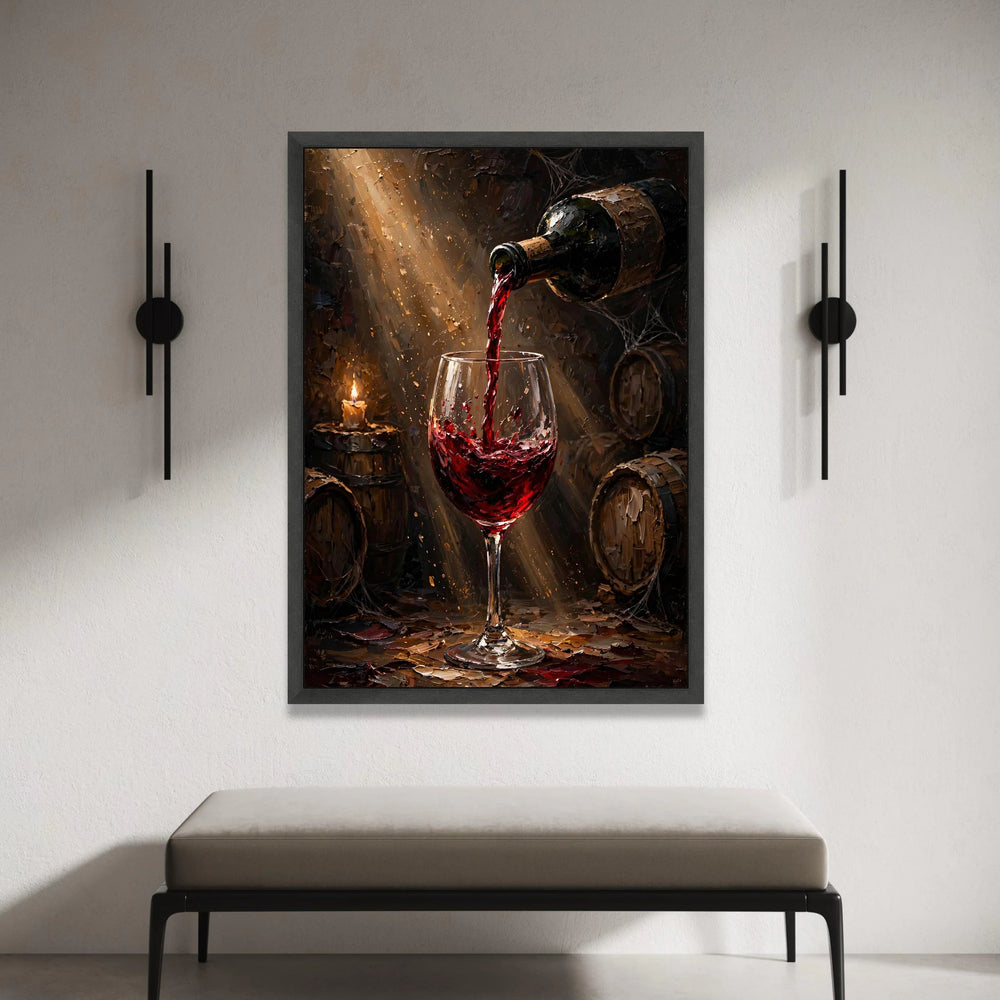 Pouring Red Wine Canvas, Wine Glass Art, Rustic Cellar Scene, Bar Wall Decor, Wine Barrel Painting, Home Bar Canvas Wall Canvas Print Art