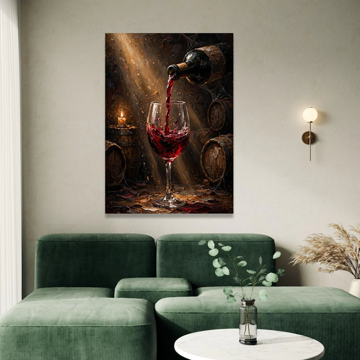 Pouring Red Wine Canvas, Wine Glass Art, Rustic Cellar Scene, Bar Wall Decor, Wine Barrel Painting, Home Bar Canvas Wall Canvas Print Art