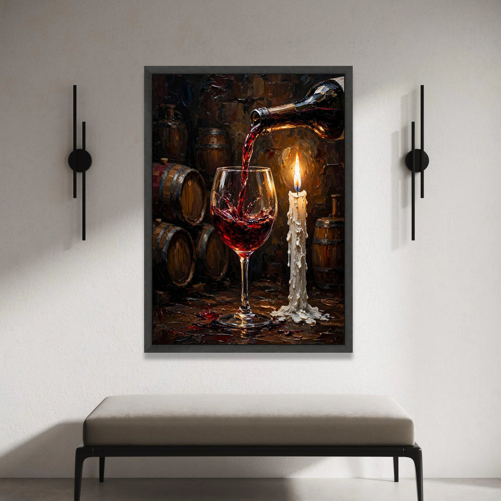 Rustic Wine Pouring Scene Canvas, Candlelit Wine Glass Art, Barrel Cellar Wall Art, Warm Home Decor Canvas, Vintage Wine Canvas Print Art