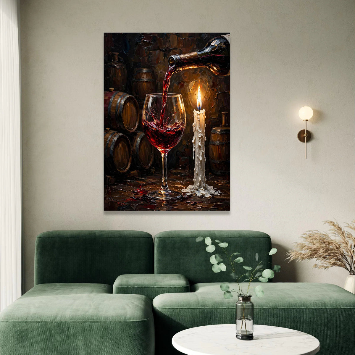 Rustic Wine Pouring Scene Canvas, Candlelit Wine Glass Art, Barrel Cellar Wall Art, Warm Home Decor Canvas, Vintage Wine Canvas Print Art