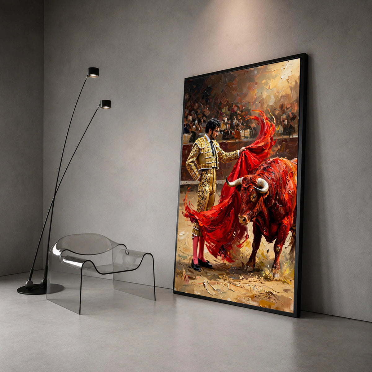 Intense Bullfight Scene Canvas, Matador with Red Cape, Spanish Culture Wall Art, Dramatic Arena Canvas, Bold Animal Canvas Print Art