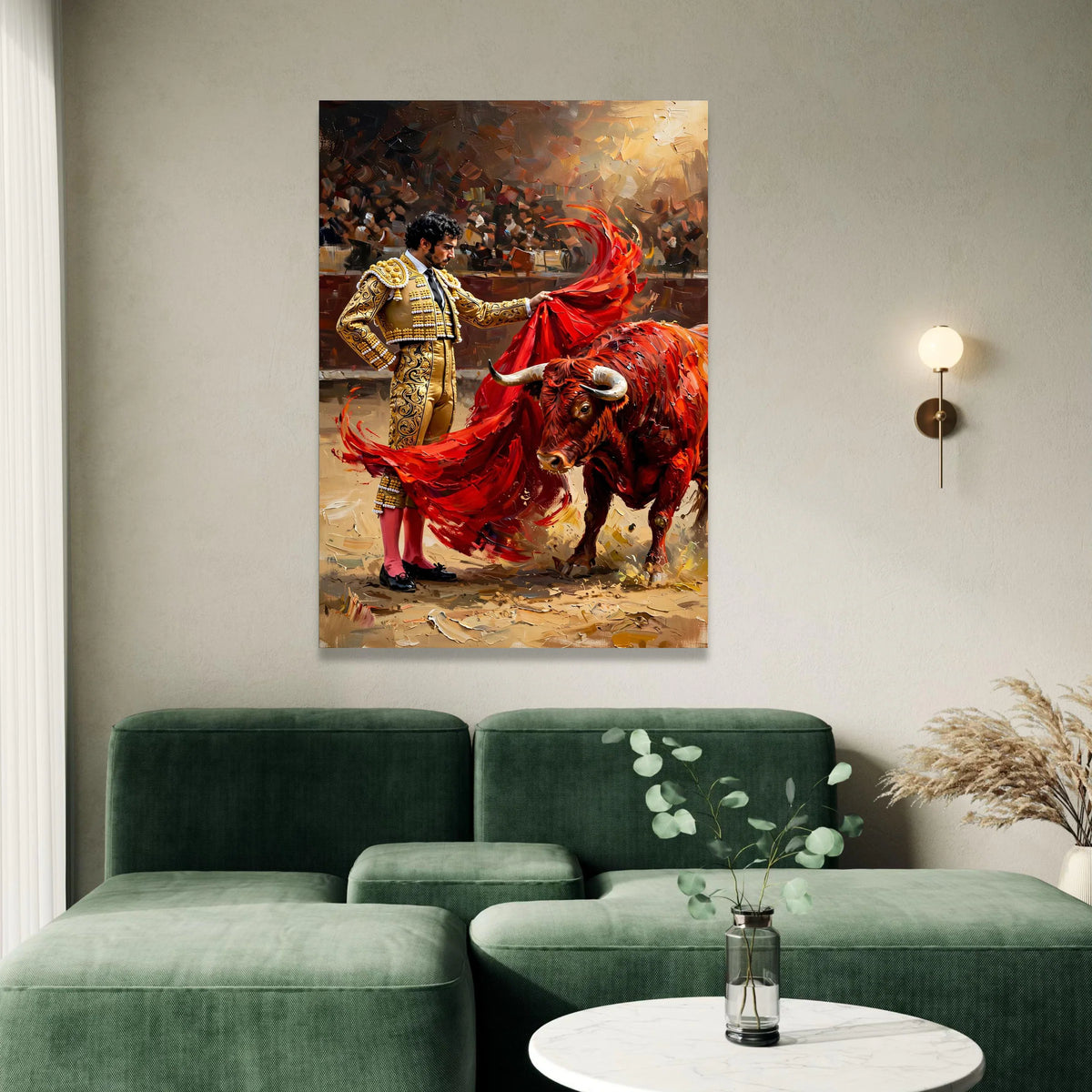 Intense Bullfight Scene Canvas, Matador with Red Cape, Spanish Culture Wall Art, Dramatic Arena Canvas, Bold Animal Canvas Print Art