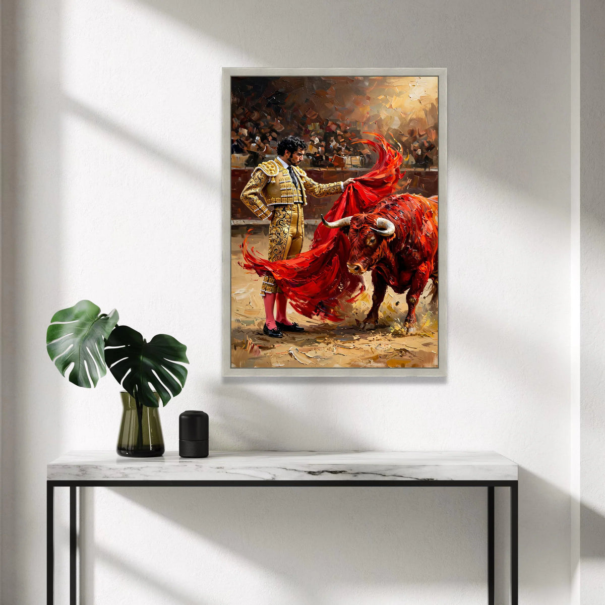 Intense Bullfight Scene Canvas, Matador with Red Cape, Spanish Culture Wall Art, Dramatic Arena Canvas, Bold Animal Canvas Print Art