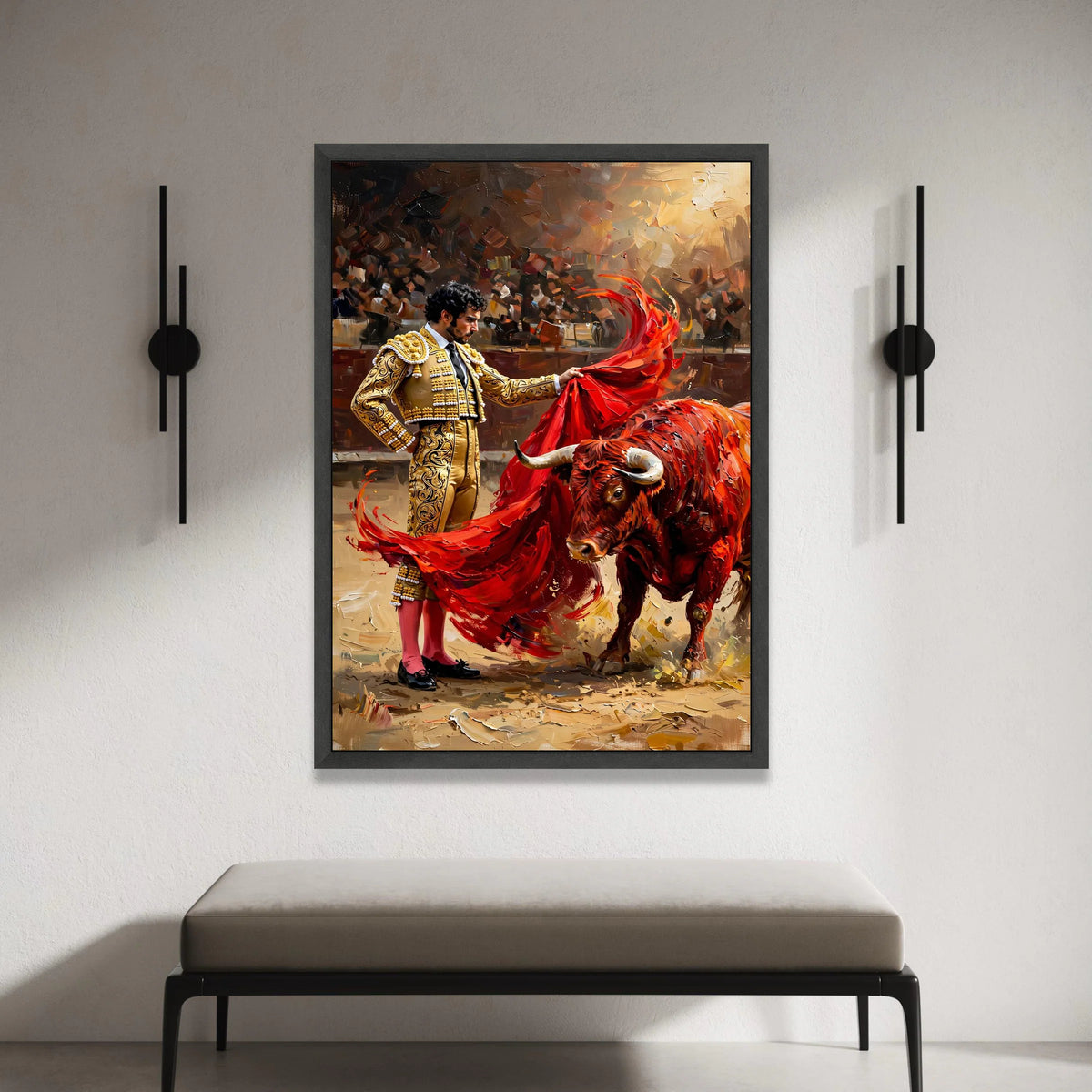 Intense Bullfight Scene Canvas, Matador with Red Cape, Spanish Culture Wall Art, Dramatic Arena Canvas, Bold Animal Canvas Print Art
