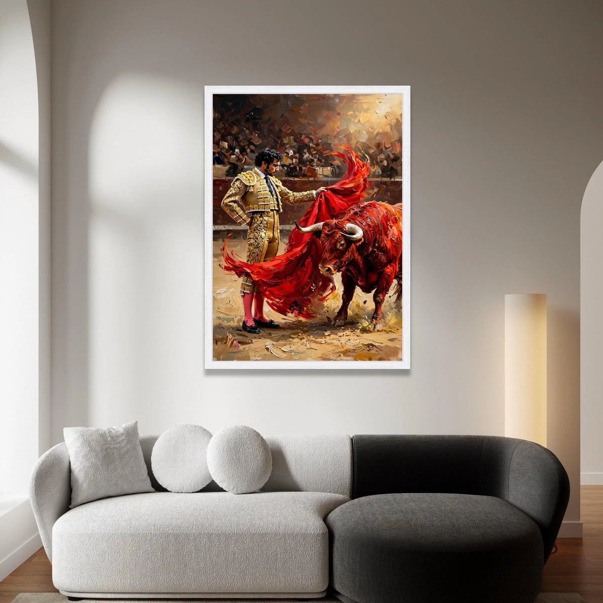 Intense Bullfight Scene Canvas, Matador with Red Cape, Spanish Culture Wall Art, Dramatic Arena Canvas, Bold Animal Canvas Print Art