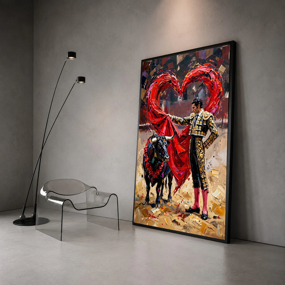 Passionate Bullfighter Canvas Wall Art, Red Heart Shape Cape, Matador Painting, Spanish Culture Decor, Vibrant Bullfighting Canvas Print Art