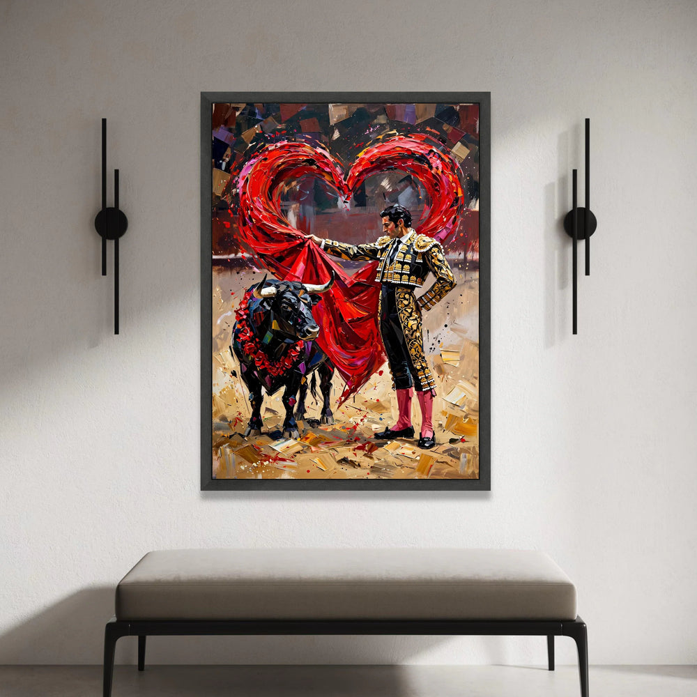 Passionate Bullfighter Canvas Wall Art, Red Heart Shape Cape, Matador Painting, Spanish Culture Decor, Vibrant Bullfighting Canvas Print Art