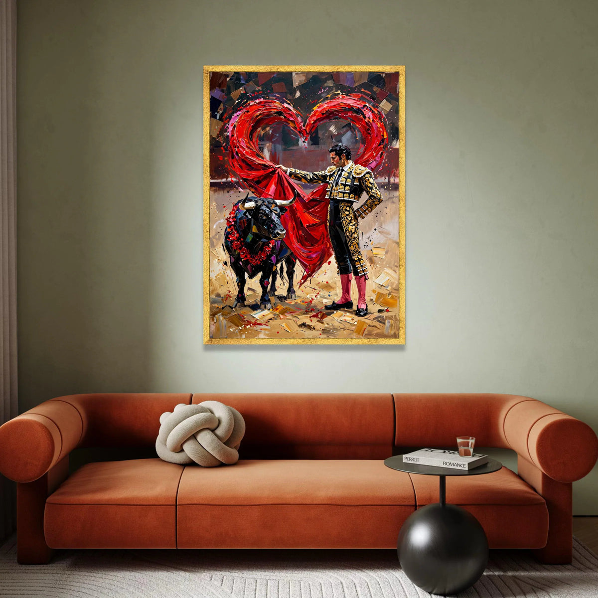 Passionate Bullfighter Canvas Wall Art, Red Heart Shape Cape, Matador Painting, Spanish Culture Decor, Vibrant Bullfighting Canvas Print Art