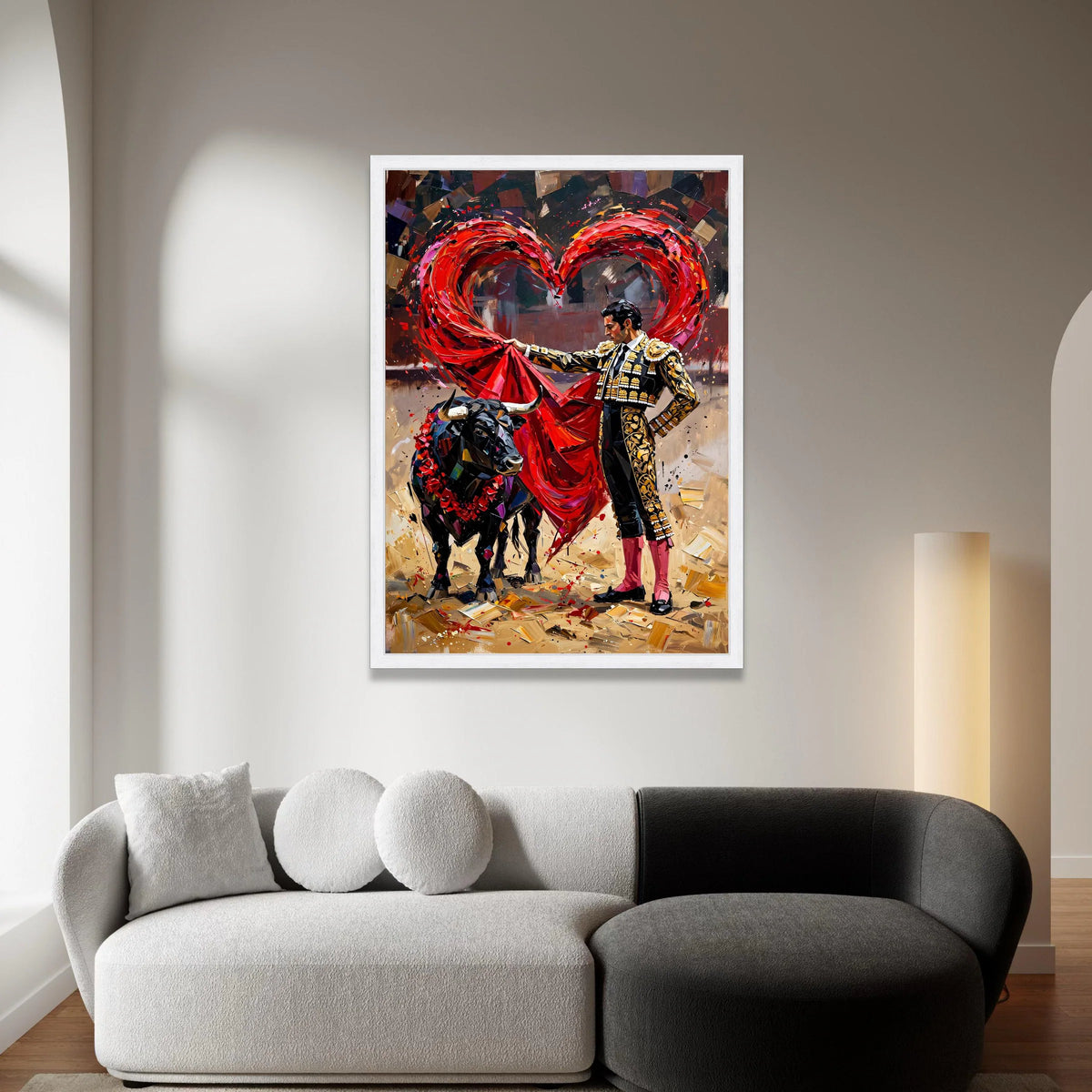 Passionate Bullfighter Canvas Wall Art, Red Heart Shape Cape, Matador Painting, Spanish Culture Decor, Vibrant Bullfighting Canvas Print Art
