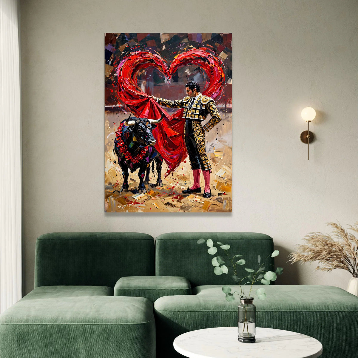 Passionate Bullfighter Canvas Wall Art, Red Heart Shape Cape, Matador Painting, Spanish Culture Decor, Vibrant Bullfighting Canvas Print Art