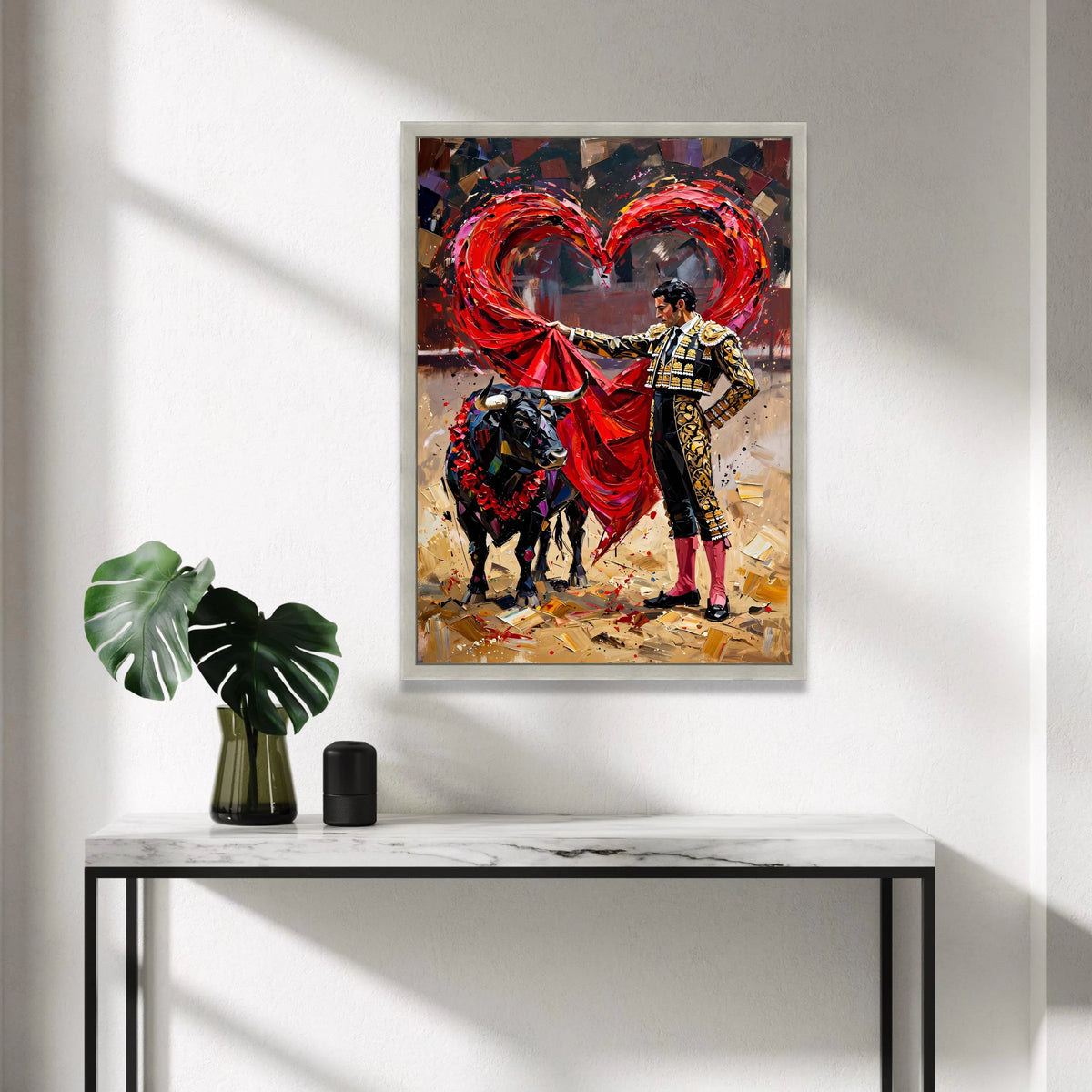 Passionate Bullfighter Canvas Wall Art, Red Heart Shape Cape, Matador Painting, Spanish Culture Decor, Vibrant Bullfighting Canvas Print Art