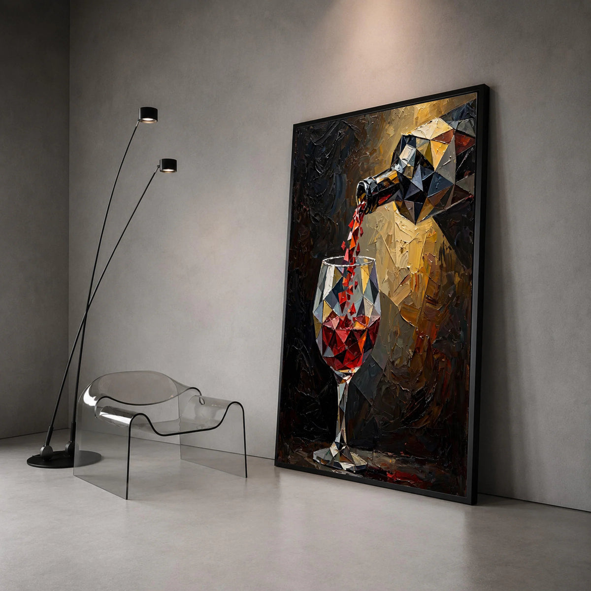 Geometric Red Wine Pouring Canvas, Modern Wine Glass Art, Abstract Bar Wall Decor, Kitchen and Dining Room Canvas, Ready to Canvas Print Art