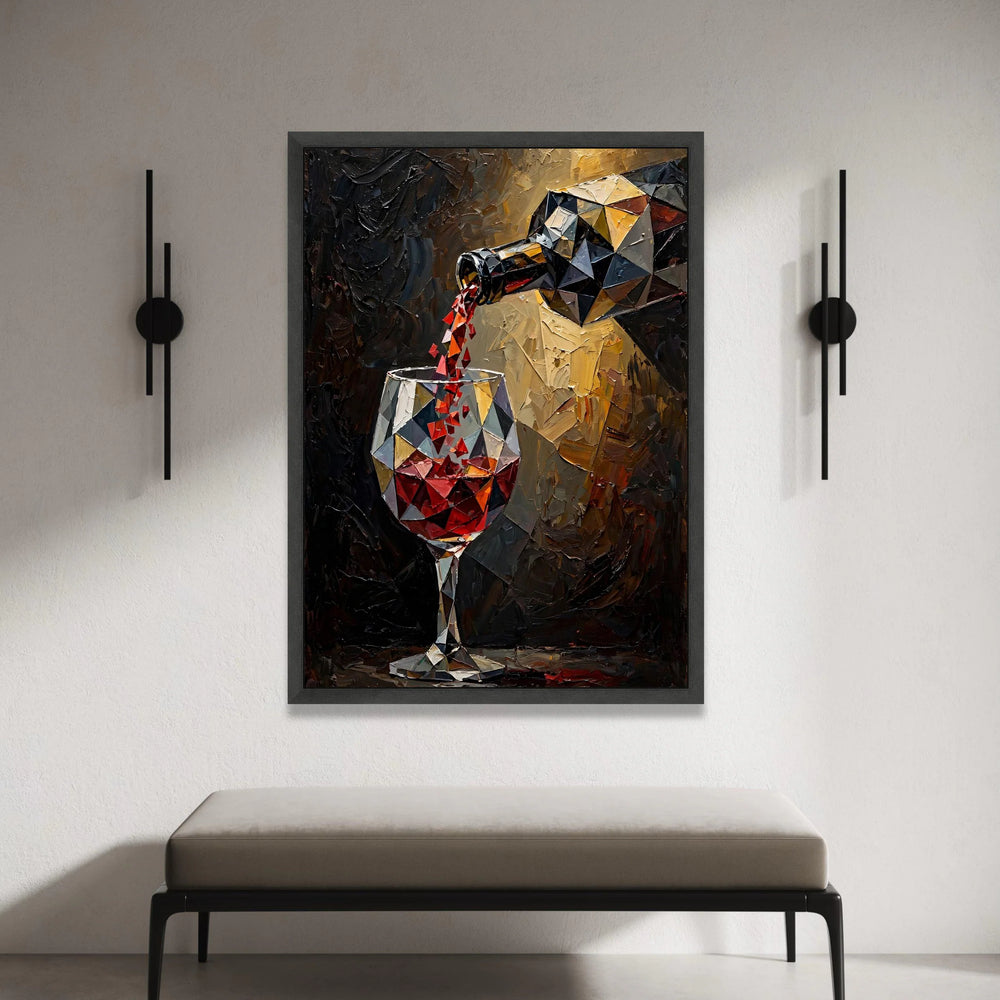 Geometric Red Wine Pouring Canvas, Modern Wine Glass Art, Abstract Bar Wall Decor, Kitchen and Dining Room Canvas, Ready to Canvas Print Art