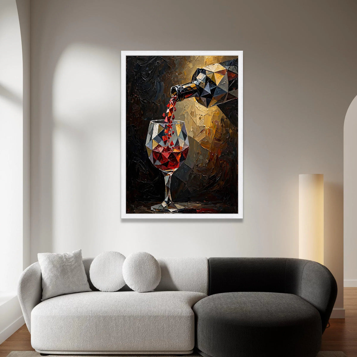 Geometric Red Wine Pouring Canvas, Modern Wine Glass Art, Abstract Bar Wall Decor, Kitchen and Dining Room Canvas, Ready to Canvas Print Art