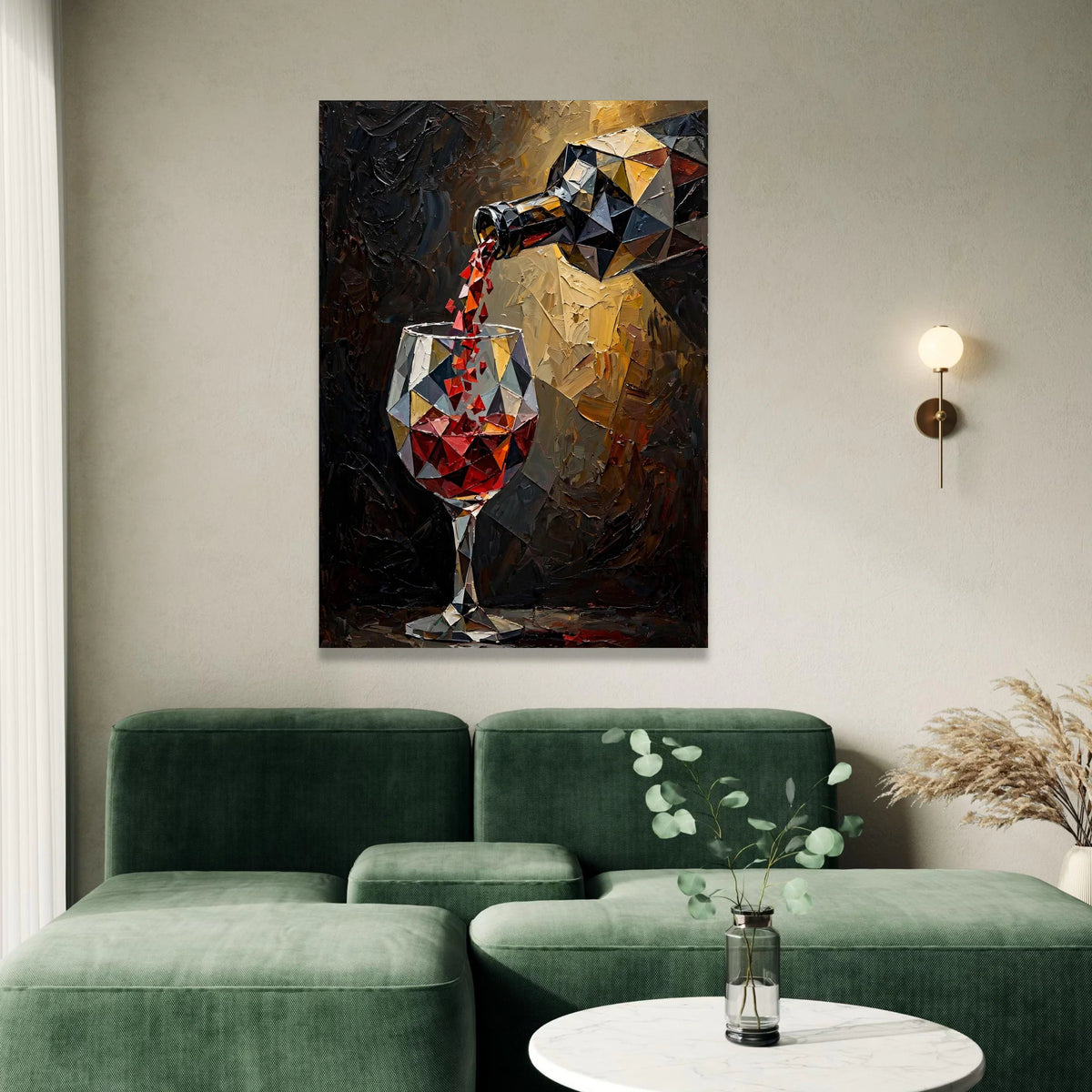 Geometric Red Wine Pouring Canvas, Modern Wine Glass Art, Abstract Bar Wall Decor, Kitchen and Dining Room Canvas, Ready to Canvas Print Art