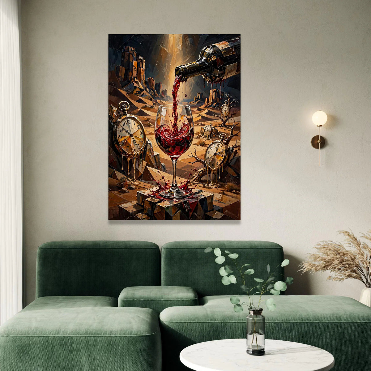 Surreal Wine Pour Canvas, Melting Pocket Watches Wall Art, Desert Landscape Canvas, Time and Wine Art, Modern Abstract Wall Canvas Print Art