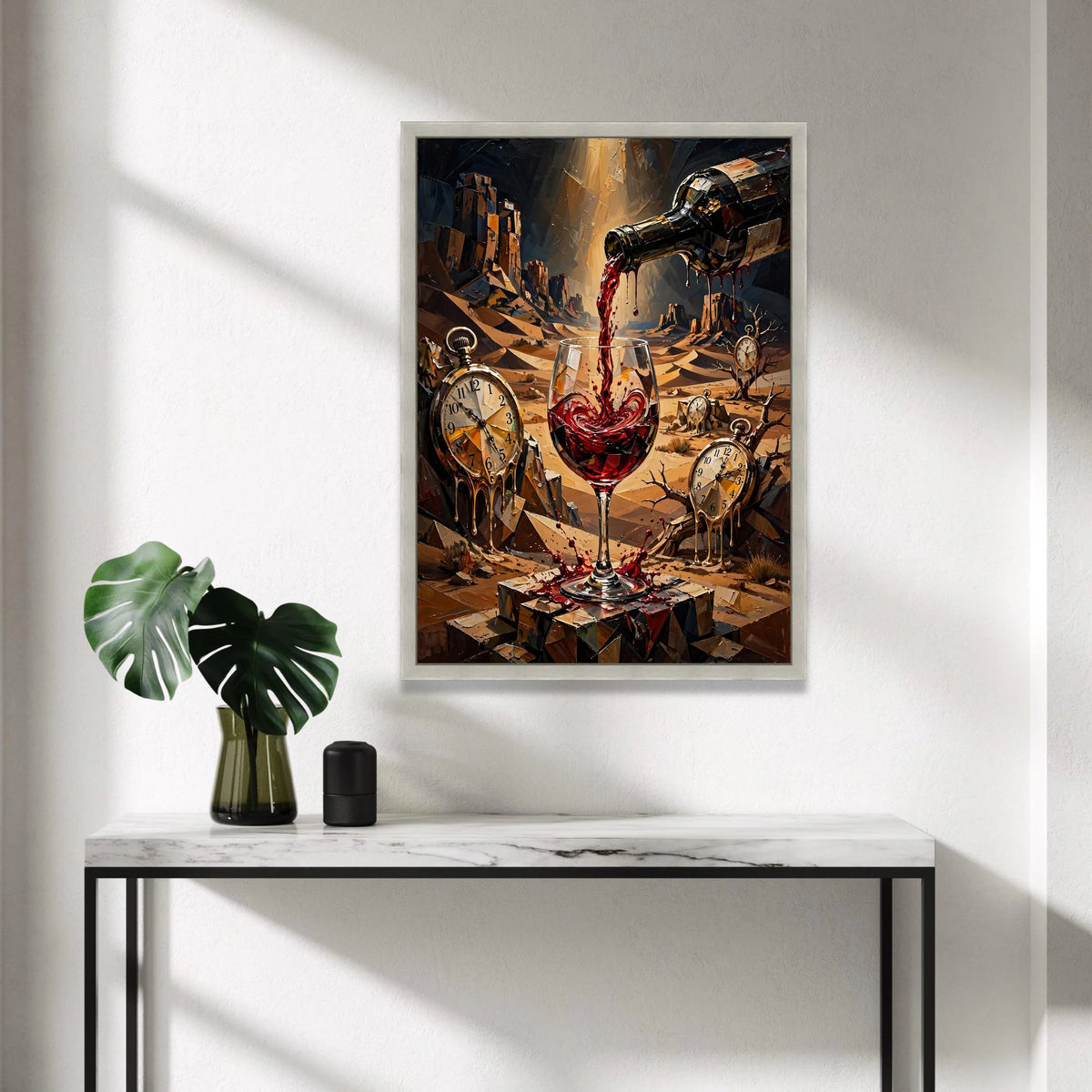 Surreal Wine Pour Canvas, Melting Pocket Watches Wall Art, Desert Landscape Canvas, Time and Wine Art, Modern Abstract Wall Canvas Print Art