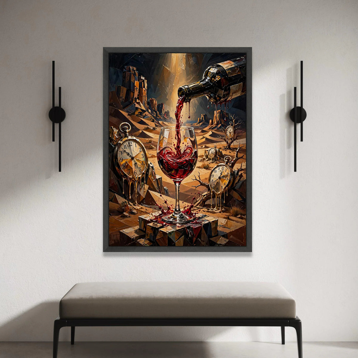 Surreal Wine Pour Canvas, Melting Pocket Watches Wall Art, Desert Landscape Canvas, Time and Wine Art, Modern Abstract Wall Canvas Print Art