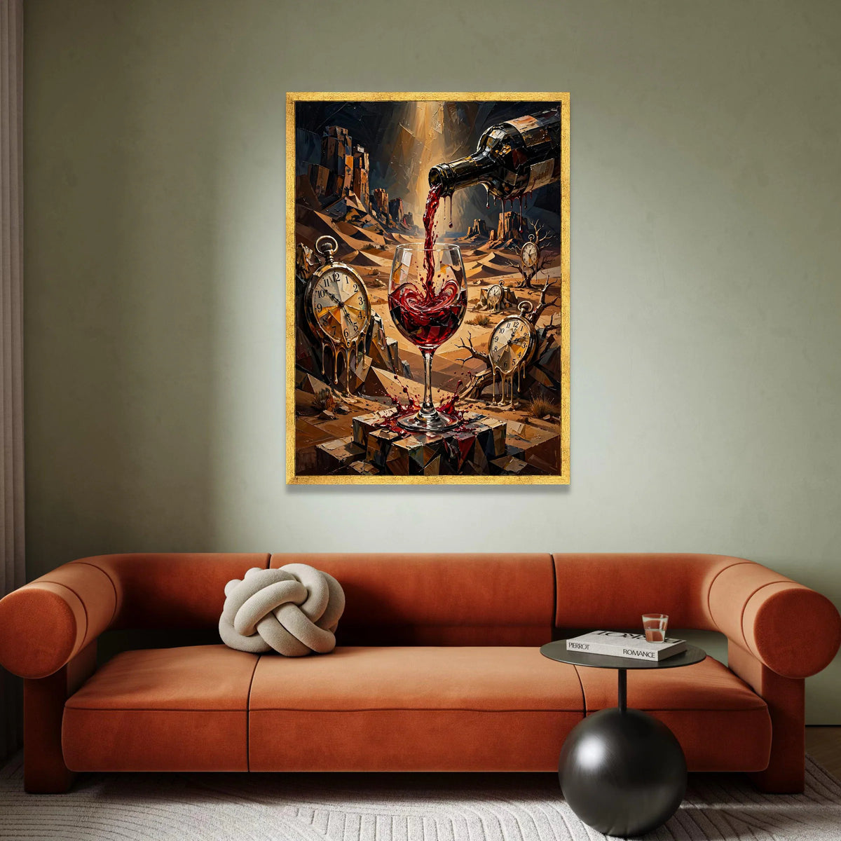 Surreal Wine Pour Canvas, Melting Pocket Watches Wall Art, Desert Landscape Canvas, Time and Wine Art, Modern Abstract Wall Canvas Print Art
