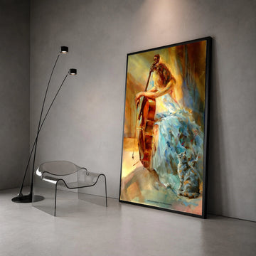 Elegant Woman Playing Cello Canvas, Music and Cat Art, Impressionist Style Wall Art, Soft Color Palette Home Decoration Canvas Print Art